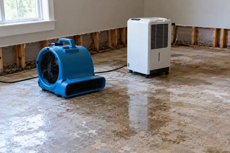Air mover and dehumidifier drying a water-damaged floor in a Bothell, WA home