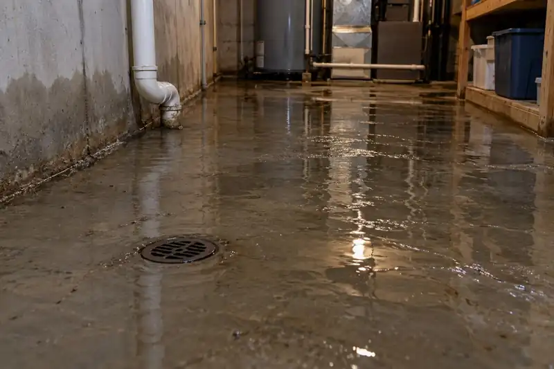 Sewer backup flooding a Bothell, WA basement floor with a floor drain and water heater