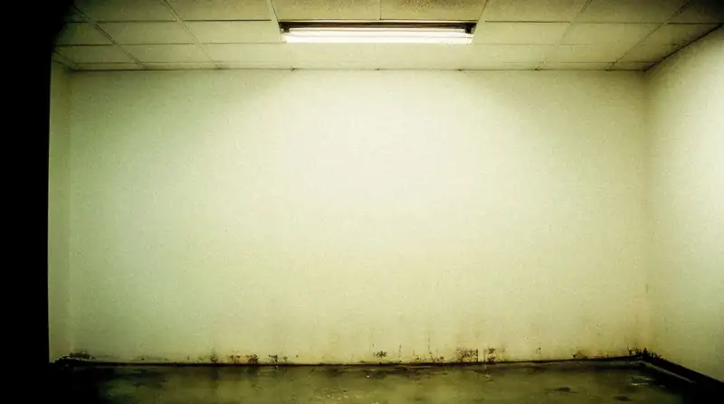 Damp staining along the base of a wall above a wet floor